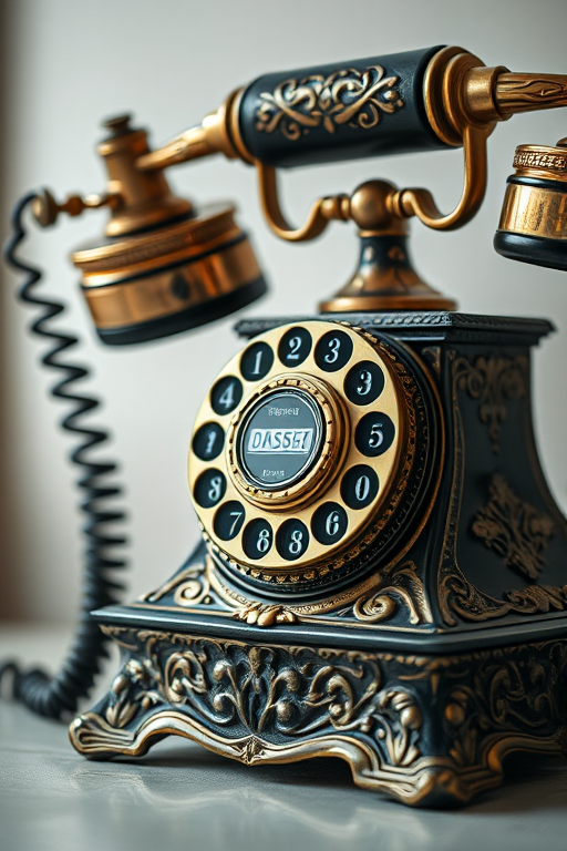Regenerate a high-resolution image of a vintage ornate rotary telephone, using a DSLR camera with a 50mm lens, aperture f/1.8 for a shallow depth of field, ISO 100, and a natural light setting to highlight intricate details and textures.