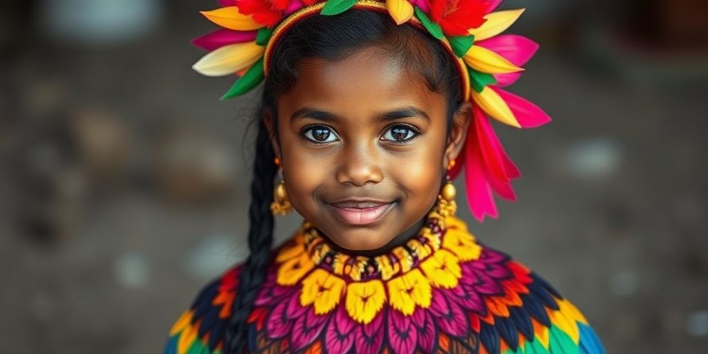 A beautiful Torres Strait Islander girl, wearing colorful bird clothing with vibrant colors