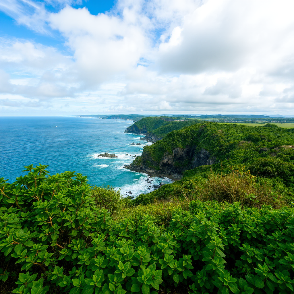 scenic coastal landscape with lush greenery meeting the ocean under a partly cloudy sky, captured with a DSLR camera at 50mm, f/8 aperture, ISO 200, 1/250 shutter speed, wide-angle view to enhance depth and clarity