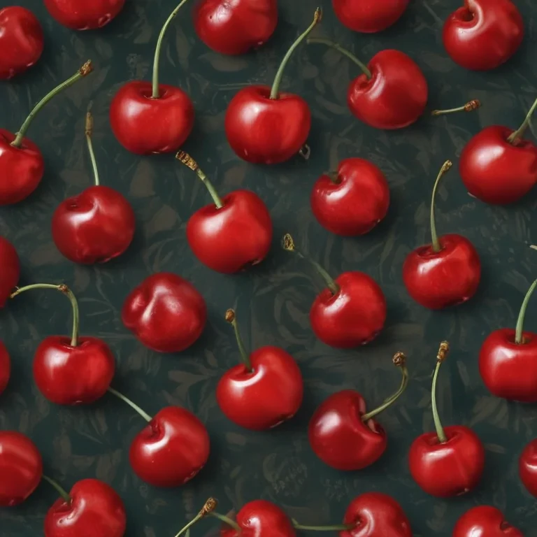 A Vibrant Array of Fresh Red Cherries on a Dark Floral Background