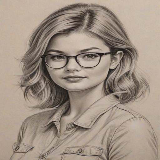 Stunning Stefanie Scott, pencil sketch, portrait of Appealing woman 1959s in glasses, hair style beatnik, outline, clear lines, fine lines, 8k