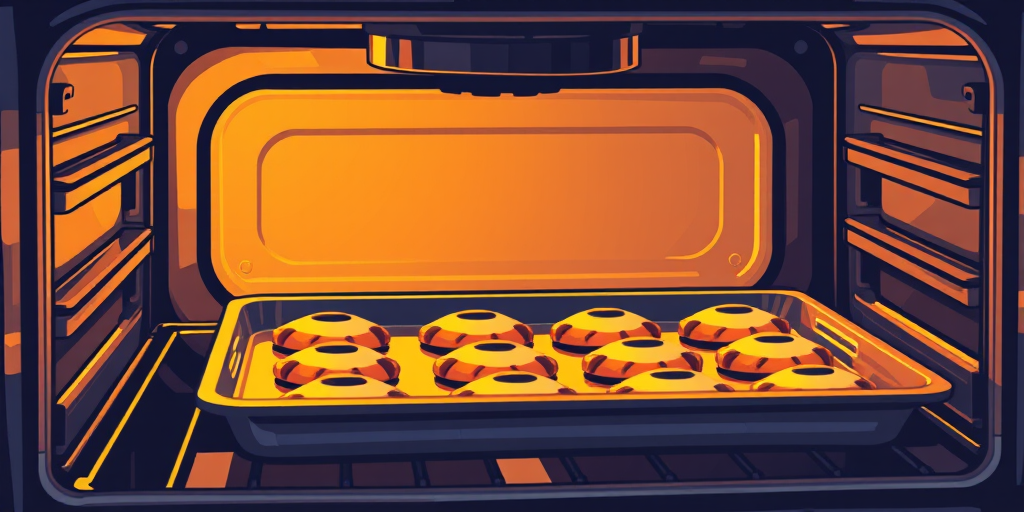 Generate a highly detailed illustration of an oven with a tray of cookies inside, using a DSLR camera with a 50mm lens, aperture set to f/2.8, ISO 100, and a soft focus background to highlight the cookies in the foreground.