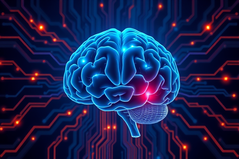 Create a high-resolution digital illustration of a brain connected to circuit board elements, emphasizing neural pathways with glowing blue and orange lines, taken with a Canon EOS 5D Mark IV at f/8, ISO 100, 1/200 sec, in a symmetrical, center-focused composition with a soft gradient background.