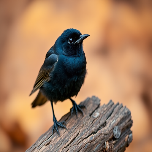 A close-up of a blackbird perched on a log with a blurred earthy background, using a 50mm lens, aperture f/2.8, shutter speed 1/200s, ISO 100, shot in natural light with a shallow depth of field and bokeh effect.