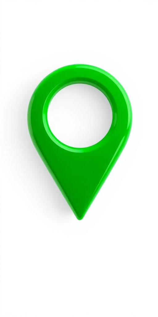 Generate a high-resolution image of a green map pin icon with a glossy finish, using a DSLR camera with a 50mm lens, aperture set to f/2.8, ISO 100, soft lighting, and a clean, white background.