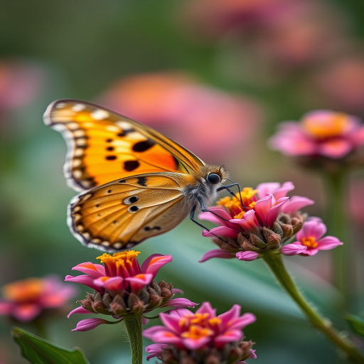 Capture a close-up of a butterfly resting on a flowering plant with a shallow depth of field, using a DSLR camera, 85mm lens, aperture set to f/2.8, ISO 200, and a shutter speed of 1/500 seconds for vibrant colors and sharp details.