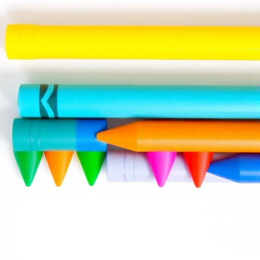 Create an image of a row of six colorful crayons arranged vertically with vibrant colors including green, yellow, blue, orange, pink, and blue, taken from a top-down view with a DSLR camera at f/2.8 aperture, ISO 100, 1/60 shutter speed, and a focus on sharpness and color saturation.