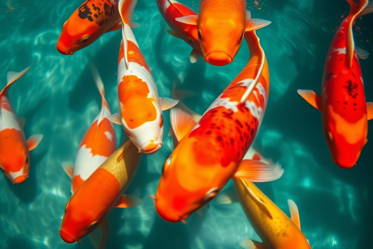 A vibrant underwater scene of koi fish swimming in clear water, close-up view, taken with a Canon EOS R5 at f/2.8, ISO 100, 1/250s, natural light, wide-angle lens.