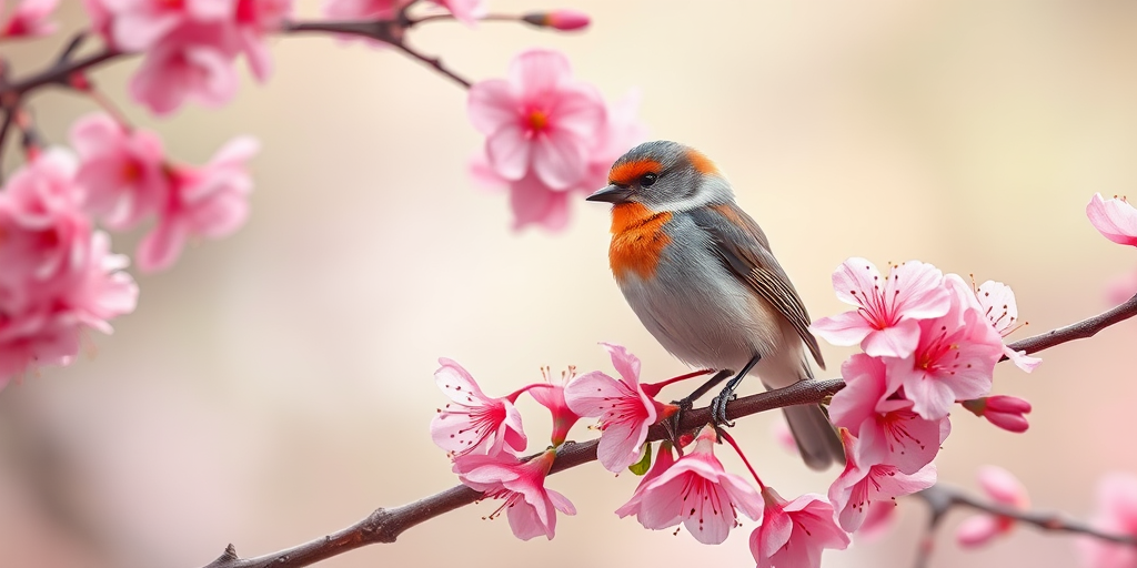 Create a vibrant digital illustration of a bird perched on a branch with blooming pink cherry blossoms, using a Canon EOS R5 with a 50mm f/1.2 lens, aperture set to f/2.8, ISO 100, and a soft-focus background for depth.