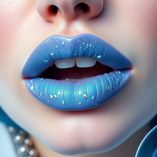 Icy blue frost lipstick with tiny diamond-like sparkles, christened "Arctic Glamour," delivering a cool, futuristic look and subtle plumping effect, perfect for avant-garde makeup enthusiasts