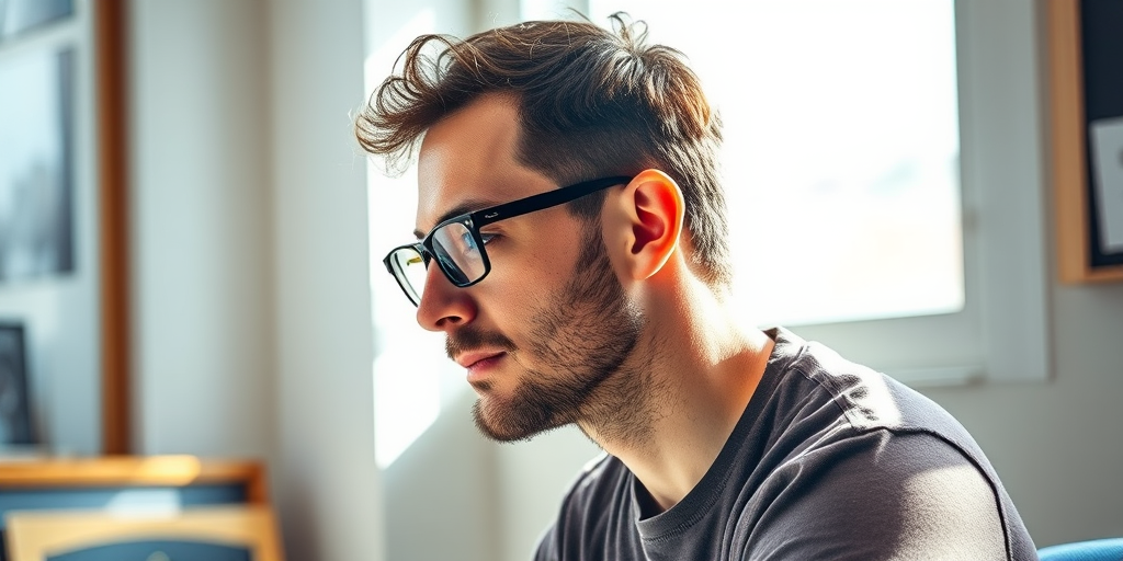 Create a portrait of a man in profile with glasses, using a mix of watercolor and ink sketching, focus on sharp details and soft color gradients, shot with a Canon EOS R5 at f/2.8, ISO 100, in natural light from a window at a 45-degree angle for dimensional shadow play.