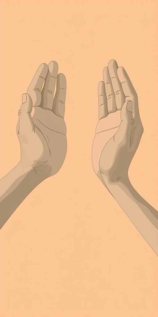 Create an illustration of two hands reaching towards each other, with a warm peach background, shot with a Canon EOS R5 using a 50mm f/1.8 lens, aperture set to f/2.8, ISO 100, and soft natural lighting.