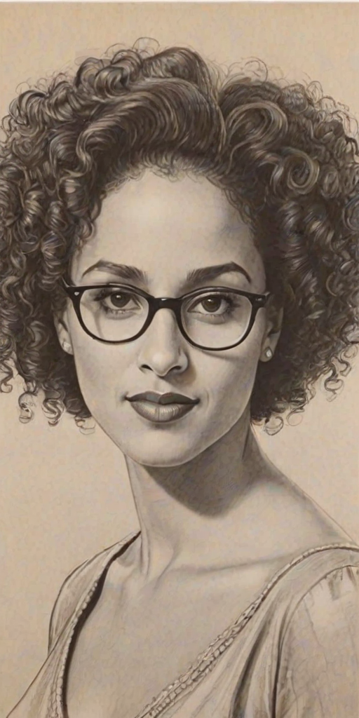 Dazzling Karyn Parsons, pencil sketch, portrait of Beauteous woman 1942s in glasses, hair style beatnik, outline, clear lines, fine lines, 8k