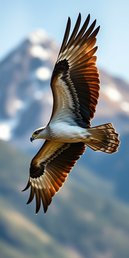 Capture a majestic bird in mid-flight against a blurred mountain backdrop with sharp focus, using a Canon EOS 5D Mark IV, 1/2000 sec, f/4 aperture, ISO 400, 70-200mm lens, shot from a slight low angle for dramatic effect.