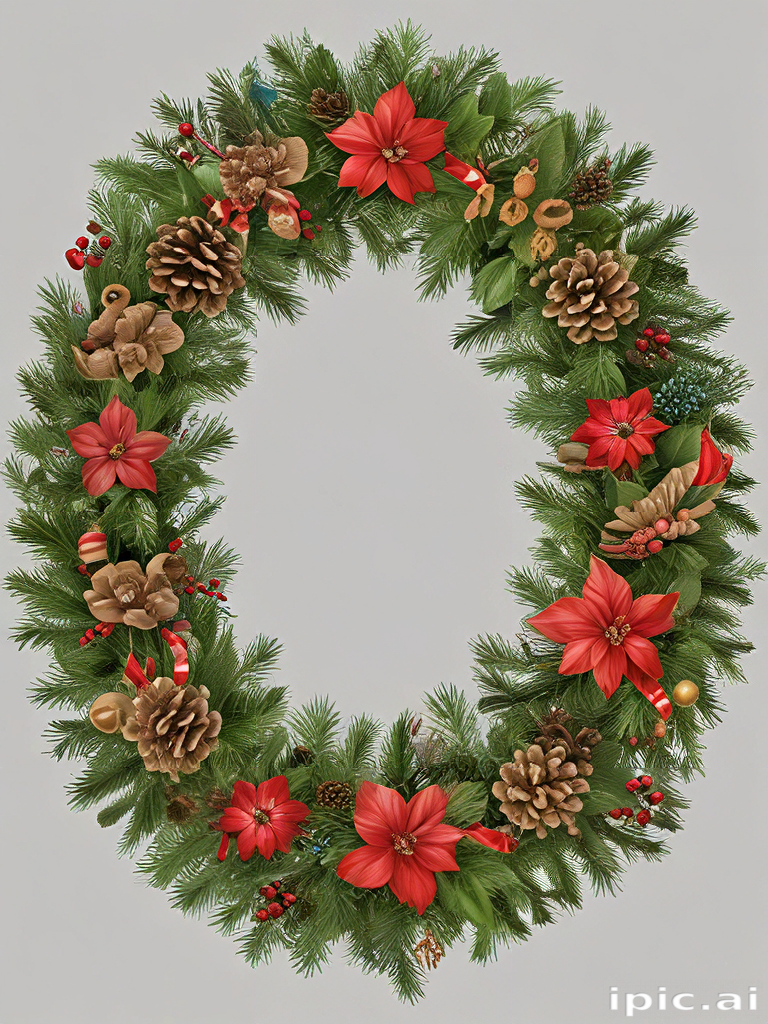 Festive Holiday Wreath Adorned with Red Flowers and Pine Cones