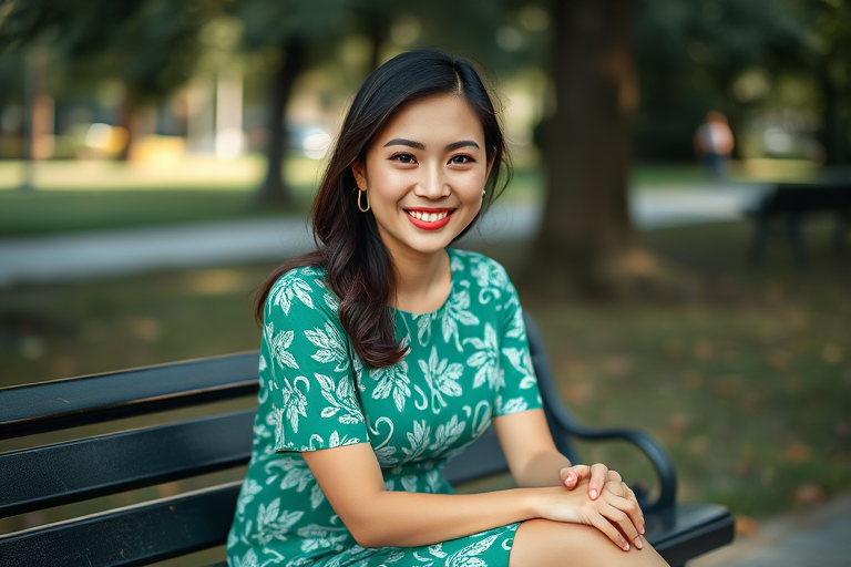 Portrait of a woman sitting on a park bench, wearing a green and white patterned dress, soft natural lighting, focal length 50mm, aperture f/1.8, shutter speed 1/200, ISO 100, DSLR camera, shallow depth of field, vibrant colors.