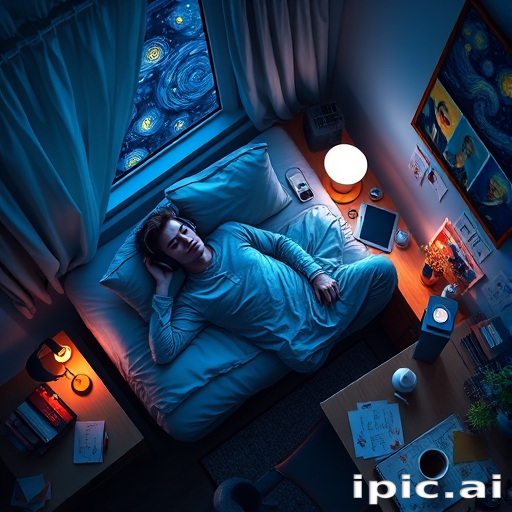 A top-down Van Gogh-style painting of a young man lying on his bed, listening to music with headphones. The room is softly lit with deep blues and purples, creating a peaceful nighttime atmosphere. The bed has a soft pillow, and the man's arms are resting behind his head. Around the bed, various glowing gadgets such as a smartphone, a laptop, and a small lamp are visible, casting a gentle light. The rest of the bedroom includes a desk with books, a chair, and a small rug on the floor. A window near the bed reveals a starry night sky with swirling stars, reminiscent of Van Gogh's 'Starry Night.' On the desk, there is a sketchbook with colorful drawings, a cup of coffee steaming gently, and a small potted plant. The walls have posters of famous paintings and a corkboard with pinned notes and photos. The scene is full of dynamic, swirling brushstrokes, capturing the essence of Van Gogh's unique style. The overall mood is serene and contemplative, with a touch of artistic inspiration.