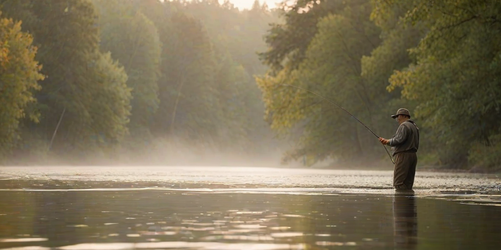 Blurry candid shot of a fisherman casting his line into a quiet river at dawn, with soft mist rising from the water and trees softly blurred in the background.