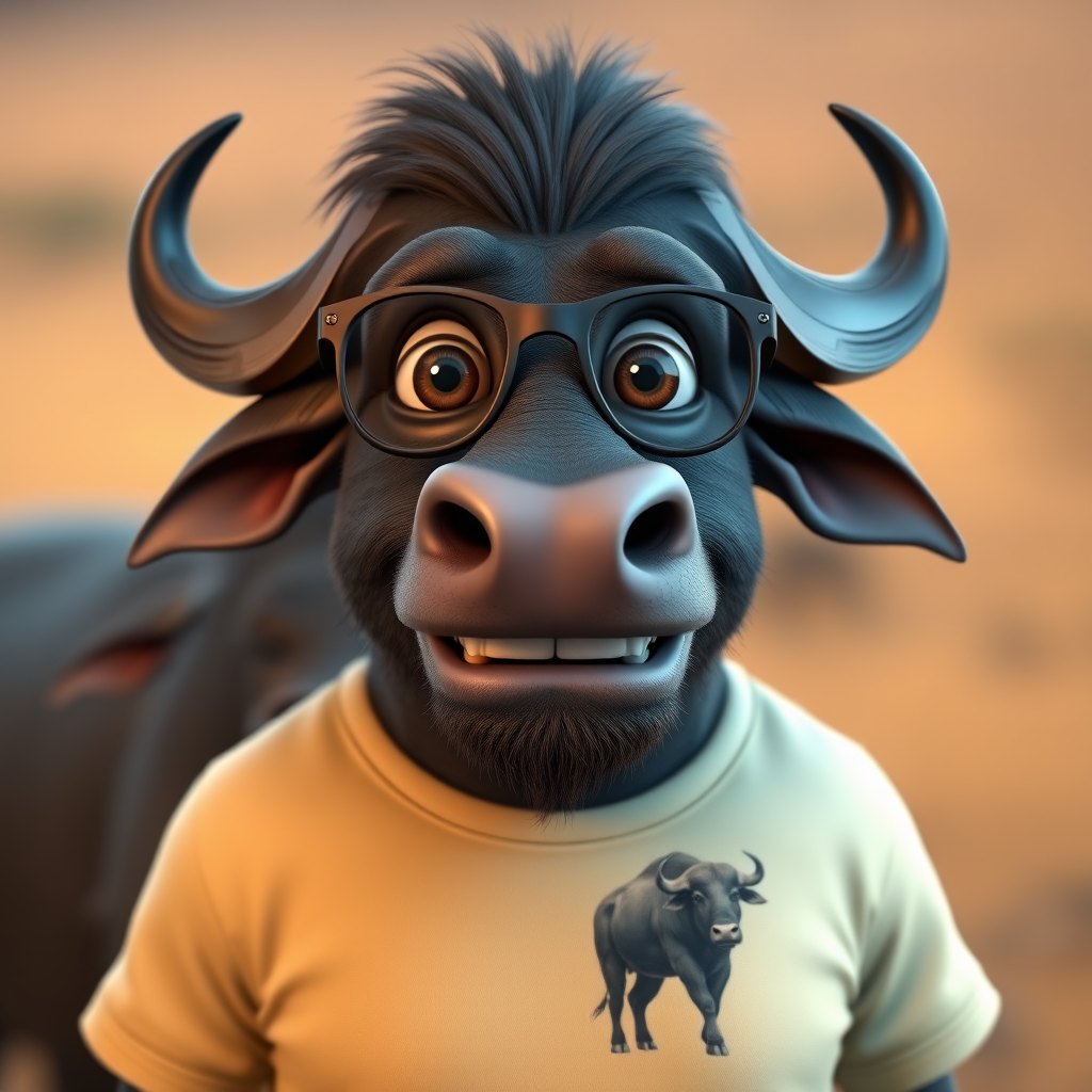 Hyperrealistic 3D render of a smiling cartoon Cape Buffalo wearing glasses and a beige t-shirt with a smaller buffalo image printed on it, missing some teeth, set against a blurred African savanna background, detailed fur, 8k resolution, octane render, artstation trending.