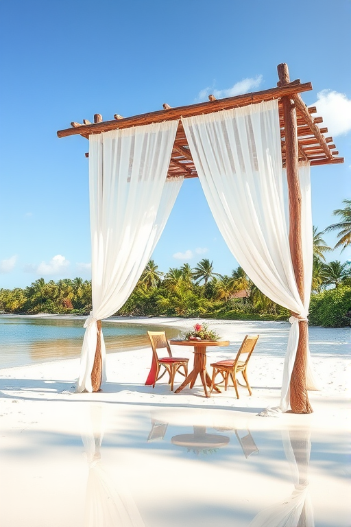 Create a picturesque tropical beach scene featuring a serene, white sandy shore. In the foreground, there's a rustic wooden canopy with white drapes gently flowing in the breeze. Underneath the canopy, a table is set with tropical decor, evoking a sense of relaxation and leisure. The beach extends into a calm, shallow water area with reflections of the sky and surroundings. Palm trees and lush greenery line the edge of the beach, providing a natural, tropical backdrop. The sky is clear with a few scattered clouds, and the overall atmosphere is tranquil and inviting, perfect for a peaceful retreat.