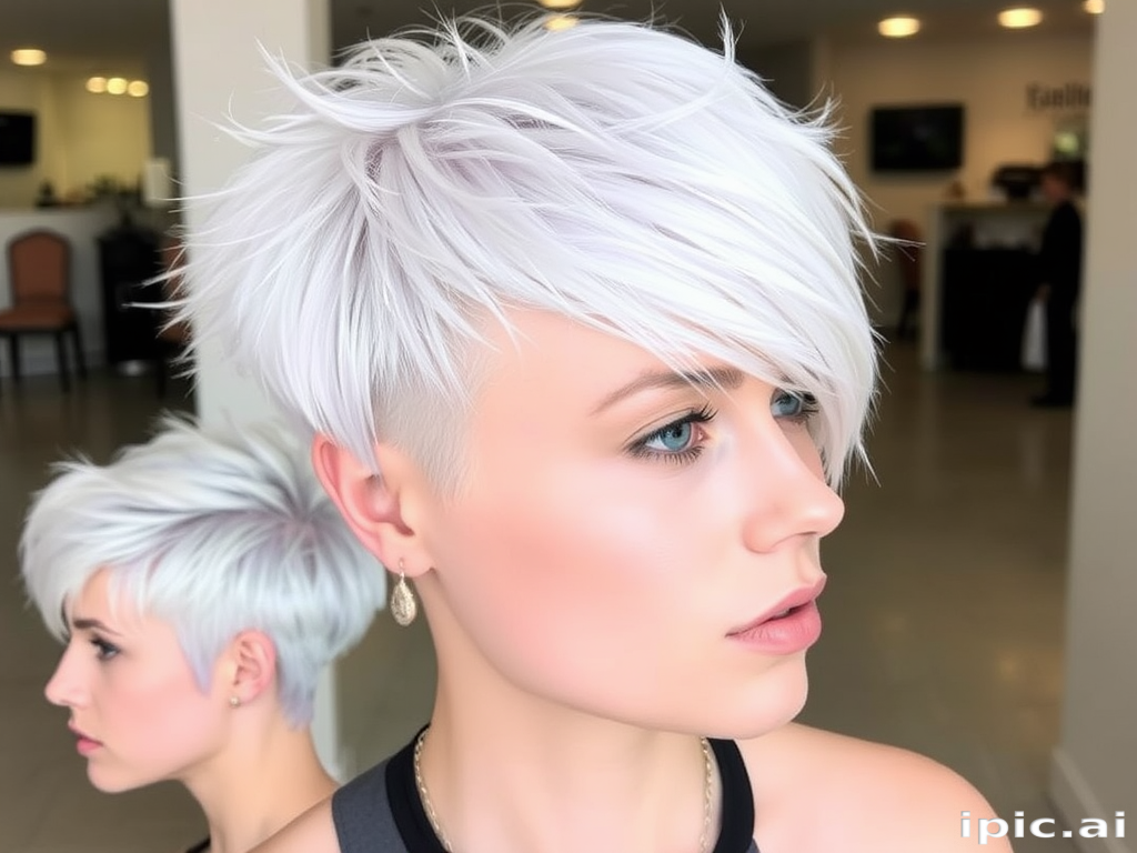 Striking platinum blonde pixie cut with edgy asymmetrical bangs, featuring subtle lavender undertones and textured spikes for a bold and futuristic appearance