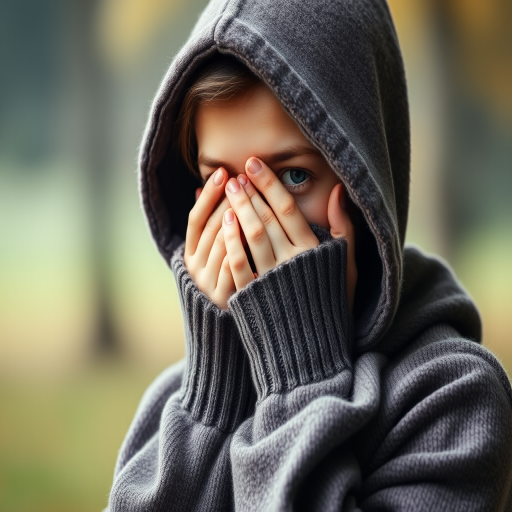 Generate an image of a person in a hooded sweater covering their face with their hands in a blurred background, using a Canon EOS R5 camera with a 50mm lens, aperture set to f/1.8, ISO 100, shutter speed 1/200 sec, in portrait mode, and a soft focus effect to enhance image quality.