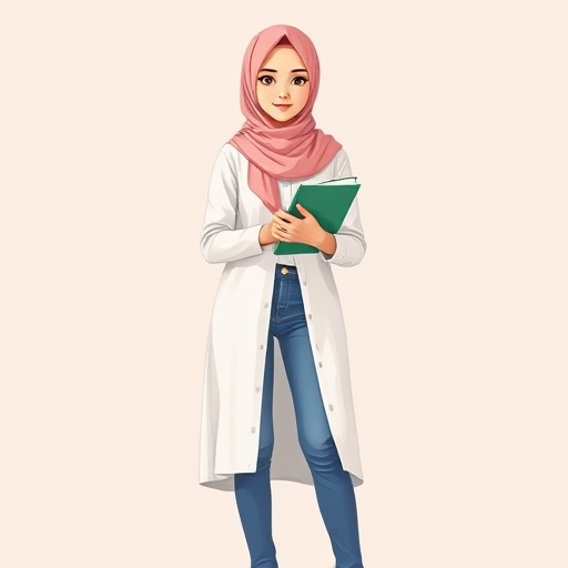 Generate an illustration of a young woman in a hijab with a light pink scarf, wearing a long white shirt and skinny jeans, standing straight with a book in her hands, captured with a DSLR camera at f/2.8, ISO 100, 50mm lens, natural light, portrait view, high resolution.