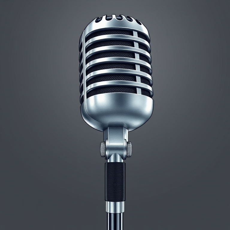Illustration of a vintage silver microphone with detailed lines and shadows, high resolution 300 DPI, shot with a Canon EOS 5D Mark IV, f/8 aperture, ISO 100, 50mm lens, front view, studio lighting.