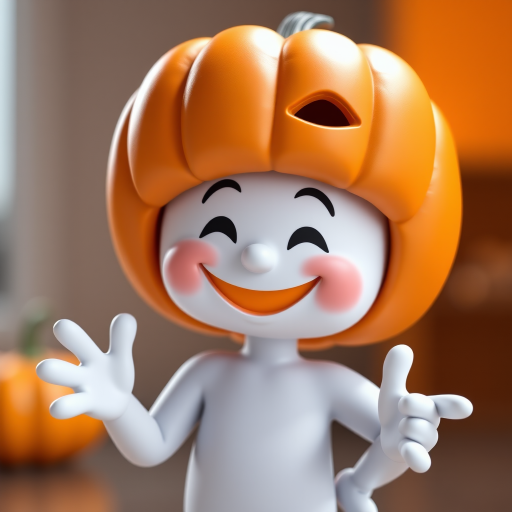 A 3D character with a pumpkin head and smiling face, posing playfully, studio lighting, shallow depth of field, 50mm lens, f/2.8 aperture, ISO 100, soft focus background, high-quality rendering, vibrant colors.