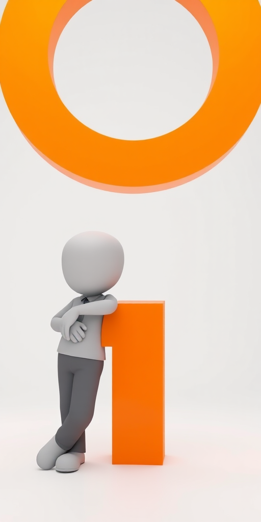 3D character leaning against a large orange information symbol, high detail, studio lighting, ISO 100, f/4, 1/125 sec, 50mm lens, shallow depth of field, soft shadows, white background.