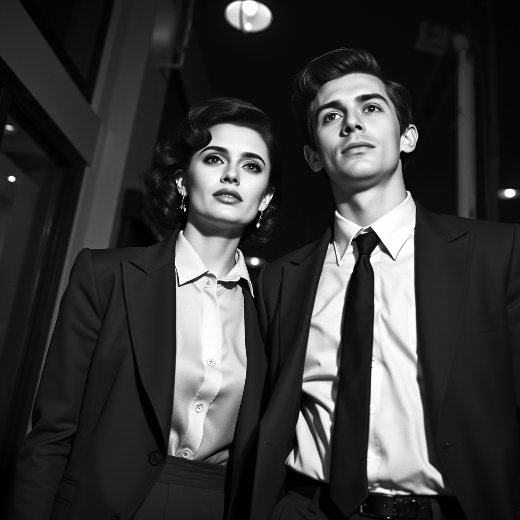 Black-and-white photograph, couple, tailored suits, retro hairstyles, film noir style, Tilt the camera for a dynamic Dutch angle using a versatile 24-70mm lens