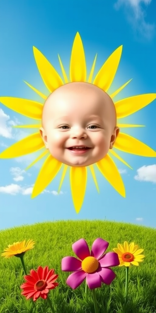 Create an image shows a bright, sun with a smiling baby's face in the center, radiating soft yellow rays. The sun is set against a clear blue sky with a few wispy clouds. Below, there's a lush green grassy hill with colorful, oversized flowers, giving the scene a whimsical, playful atmosphere.
