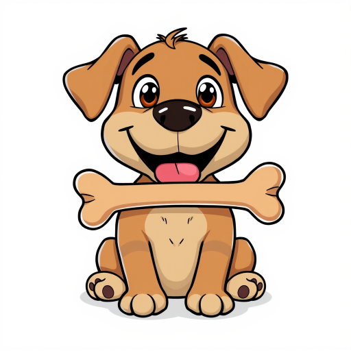 Create a cartoon image of a playful brown dog sitting contently with a bone in its mouth, focusing on vibrant colors and smooth lines, using a digital illustration style with a high resolution of 300 DPI, frontal view, brightly lit background.