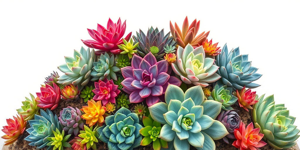 Create a vibrant and detailed illustration of a stacked arrangement of colorful succulents, showcasing various species with lush leaves and intricate patterns, against a plain white background, using a Canon EOS R5 with an 85mm lens at f/8, ISO 100, and a resolution of 8000x12000 pixels for maximum clarity.