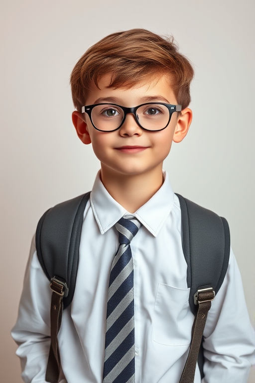 Create a portrait of a young boy with brown hair and glasses, wearing a white shirt and a striped tie, standing confidently with a backpack on his shoulders against a soft gradient background, shot with a Canon EOS R5, 50mm lens, aperture f/1.8, ISO 100, in natural light to enhance image quality.