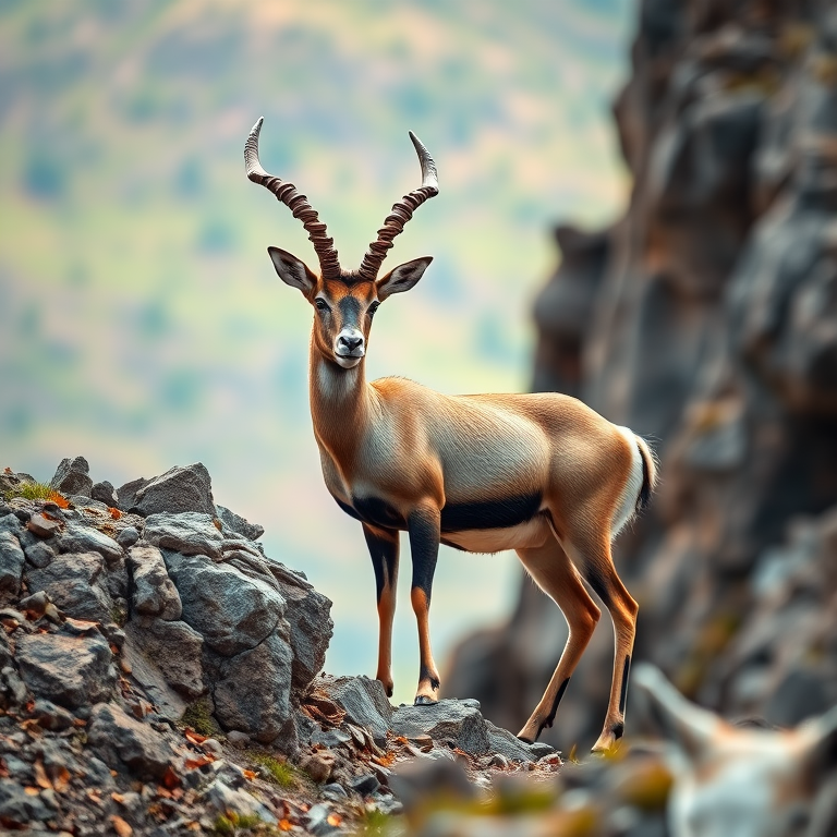 Regenerate a high-resolution image of a wild ibex standing on a rocky hillside with a blurred background, taken with a Canon EOS R5, 85mm lens, f/2.8 aperture, ISO 200, shutter speed 1/500s, natural lighting.