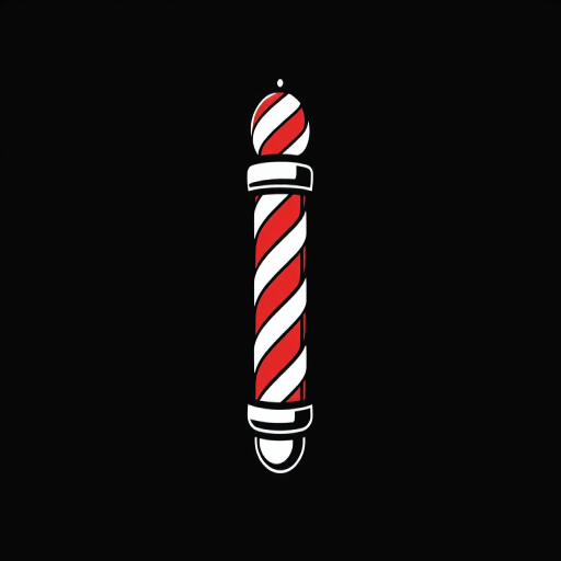 Create a clean and modern logo for a barber shop featuring a classic barber pole with swirling red and white stripes, set on a dark background, using a DSLR camera with a 50mm lens, aperture set to f/2.8, ISO 100, in a shallow depth of field to emphasize the subject, with natural lighting for enhanced clarity.