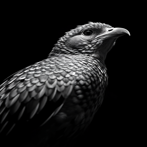 Create a highly detailed illustration of a bird with intricate feather patterns in black and white, shot from a low angle with a 50mm lens at f/2.8, ISO 100, capturing a dramatic lighting effect against a dark background, emphasizing texture and form.
