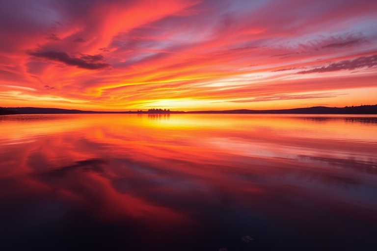 Generate an image of a beautiful sunset over a calm lake, with vibrant orange and purple hues reflecting on the water, captured from a low angle using a DSLR camera with a 35mm lens, f/2.8 aperture, ISO 100, and a shutter speed of 1/160s for enhanced color saturation and clarity.