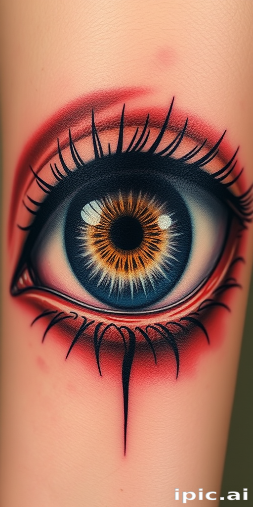Hyper-realistic eye tattoo, "Window to the Soul," showcasing incredible detail in the iris, pupil, and surrounding skin, with subtle color gradients and precise highlighting to create a lifelike 3D effect, perfect for placement on the inner arm or back of the hand