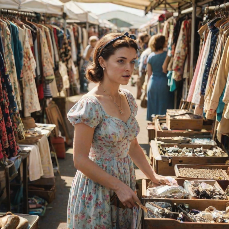 Bustling flea market, with vibrant stalls selling vintage goods and antiques, a woman in a summer dress browses the rows of items, her eyes lighting up as she finds a hidden treasure.