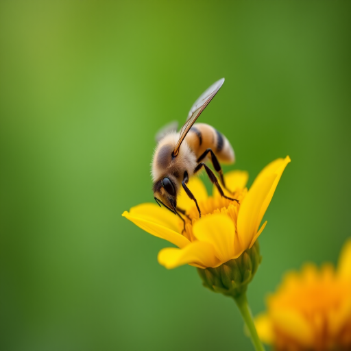 a close-up of a bee on a vibrant yellow flower with detailed petals and blurred green background, using a Canon EOS 90D, 100mm f/2.8 macro lens, aperture f/4, shutter speed 1/200s, ISO 400, natural lighting, shallow depth of field