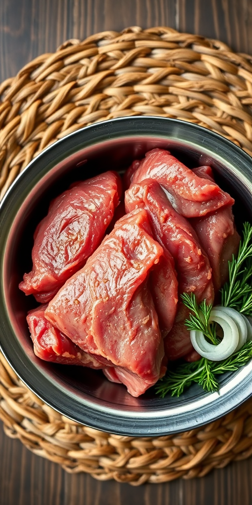 Food photography of raw meat in a silver bowl on a woven mat with green garnish and onion slices, DSLR camera, 50mm lens, aperture f/2.8, ISO 100, soft natural lighting, top-down view.