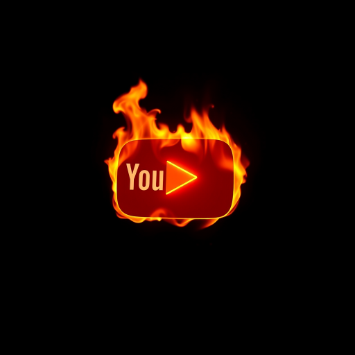 Generate an image of a glowing YouTube logo engulfed in vibrant flames against a dark gradient background, using a Canon EOS R5 camera with a 50mm lens at f/1.8, ISO 100, and a 1/200s shutter speed, in a high dynamic range style to enhance color depth and detail.