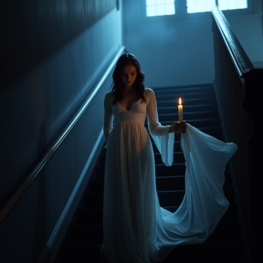 a ghostly figure of a woman in a long white dress holding a candle, softly glowing in a dimly lit staircase, with a mysterious and ethereal atmosphere