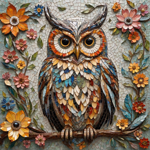 A mosaic of floral owls, one owl intricately composed of individual flower blossoms. The design showcases a delicate balance of nature and form, where the feathers of the owls are replaced by vibrant petals and blooms. The overall appearance is whimsical yet detailed, with each floral element contributing to the intricate patterns of the owl’s body. The artwork embraces a raw, organic style, with natural hues and soft textures, creating a harmonious blend of flora and fauna. The mosaic arrangement adds depth and visual intrigue to the piece, evoking a sense of wonder and artistic beauty.