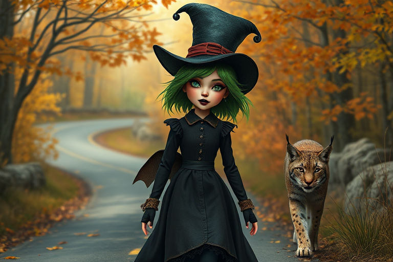 digital art fantasy depicting a strange girl with green hair, long eyelashes, black lipstick and a tall hat walking along a winding road on an autumn afternoon, an Lynx smiles as she passes