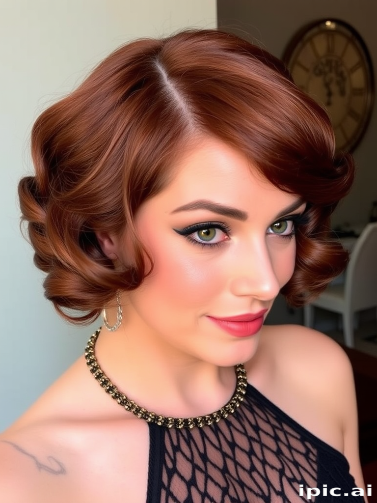 Classic finger waves in rich auburn, styled with precision and a glossy finish, evoking the glamour of the roaring twenties with a modern twist
