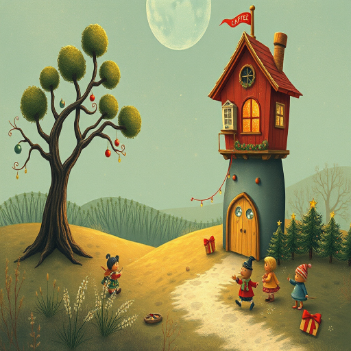 Regenerate a vintage-style illustration of a whimsical landscape featuring a tree on the left and playful characters with festive elements, using a Canon EOS R5, 50mm lens, f/2.8 aperture, ISO 100, and soft focus for a dreamy effect.