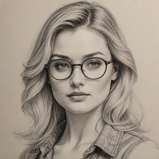 Ravishing Amanda Michalka, pencil sketch, portrait of Captivating woman 1972s in glasses, hair style beatnik, outline, clear lines, fine lines, 8k